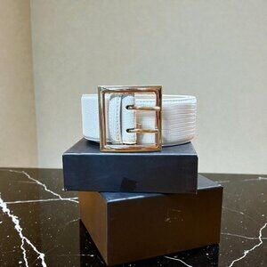 White Crocodile Print Leather Belt Double Prong Gold Buckle